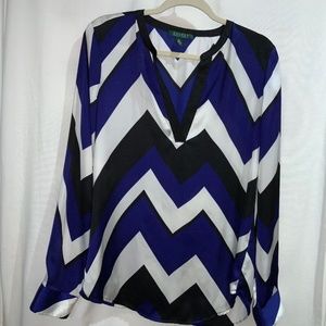 Lauren Ralph Lauren chevron print blouse Sz M long sleeve buttons cuff